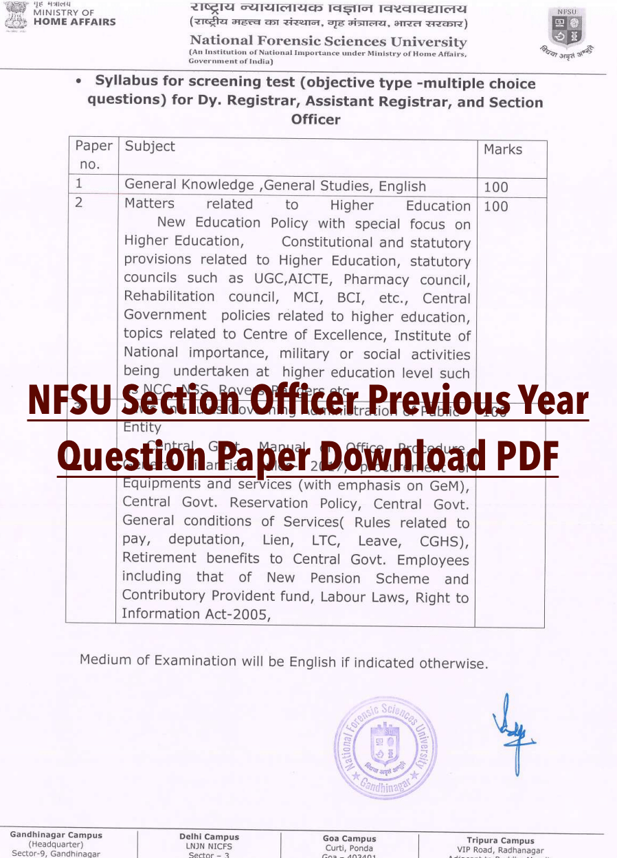 NFSU Section Officer Previous Year Question Paper Download PDF
